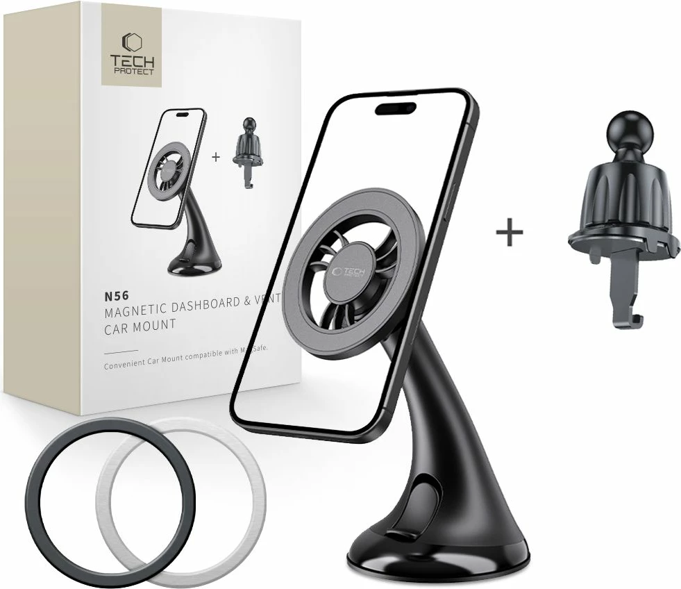 Mbajtës magnetik për celular Tech-Protect N56, me MagSafe, për veturë, i zi