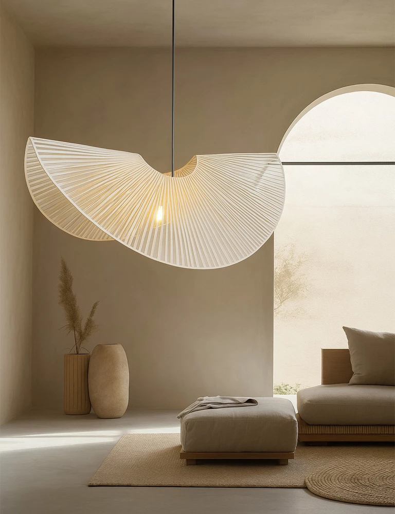 Llambë tavani Lotus, metal dhe ratan natyral, 81x46x32cm