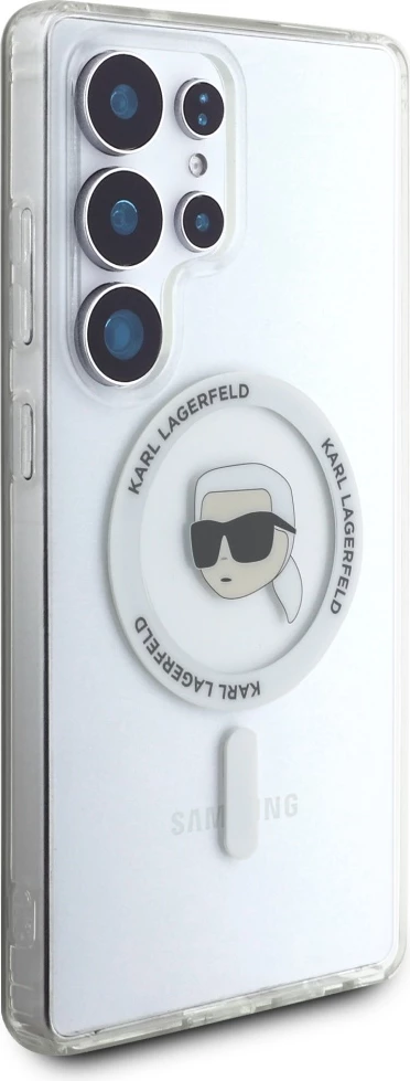 Mbështjellës Karl Lagerfeld Button Karl Head Printed Logo MagSafe për Samsung Galaxy S25 Ultra, Bardhë