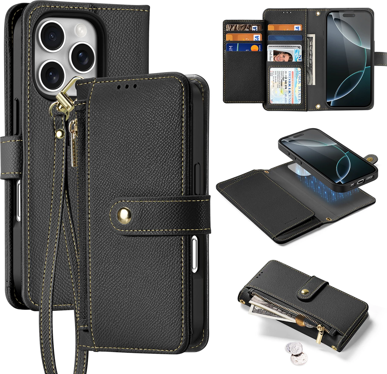 Mbështjellës Dux Ducis Lawa për iPhone 16 Pro, lëkurë, me portofol magnetik, i zi