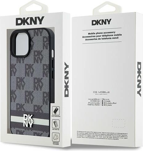Mbështjellës DKNY Leather Checkered Mono Pattern & Printed Stripes për iPhone 13/14/15, i zi