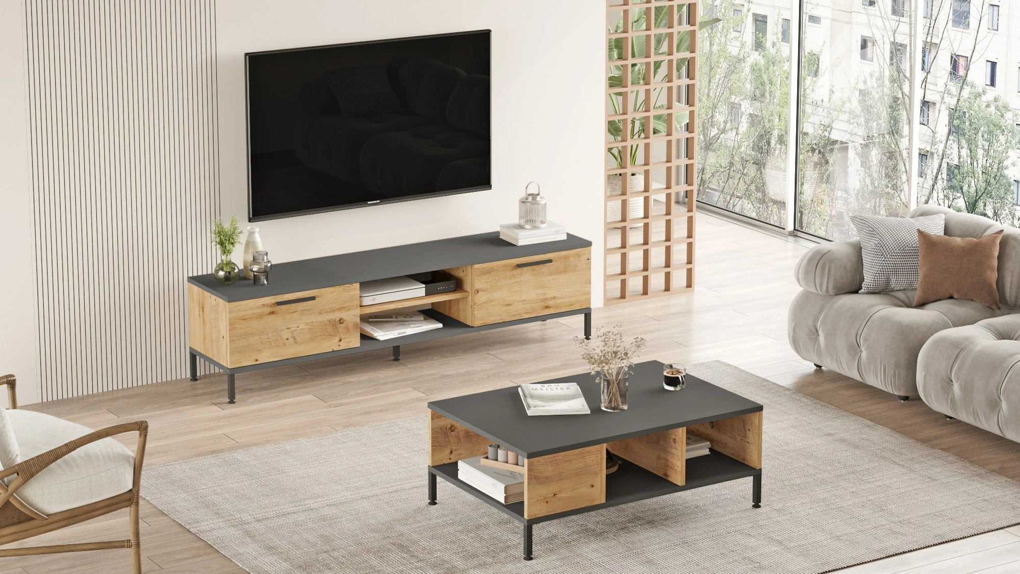 Set mobiljesh për dhomë dite Hanah Home, Rl5-Aa, ngjyrë Atlantic Pine dhe Antracit