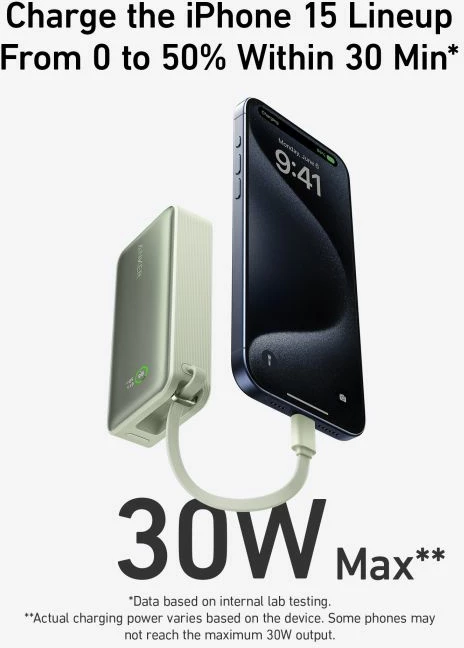 Powerbank ANKER 545 Nano 10000mAh 30W me kabllo USB-C të integruar, e gjelbër