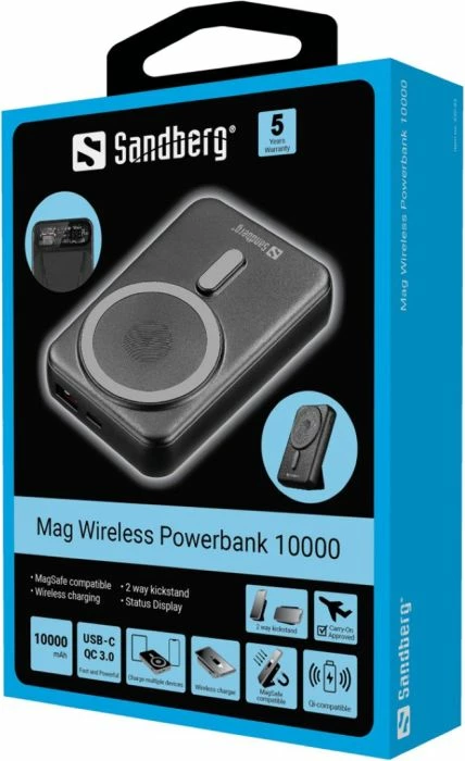 Powerbank Sandberg Magnet Wireless 420-94 10000 mAh, Qi/MagSafe, USB-C PD, USB-A, i zi, set me kabllo USB-C