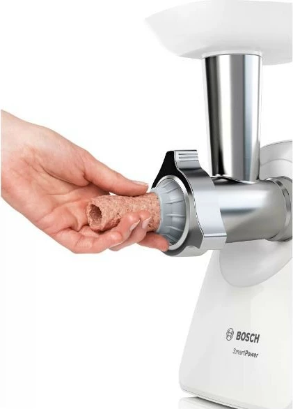 Grirëse mishi Bosch MFW2520W 350W 1.7 kg/min, set me sita 3.8/8 mm + shtojcë salsiçe + shtojcë kebbe, e bardhë