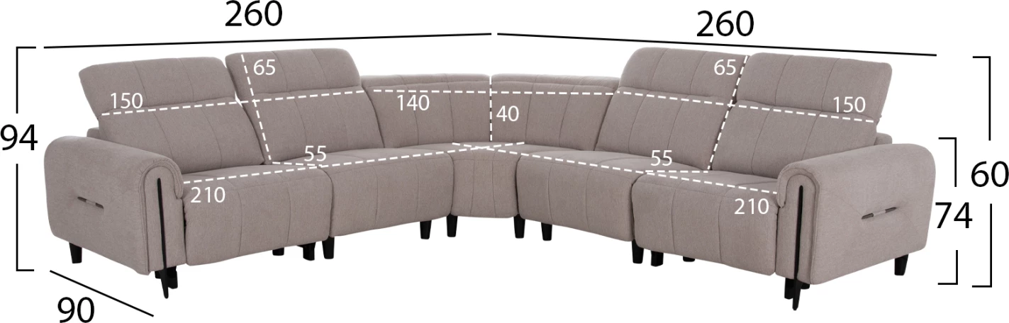 Këndore e madhe me 5 pjesë, 2 ulëse me recliner elektrik, ngjyrë bezhë, ORACLE FH3290.02, 293x293x98cm
