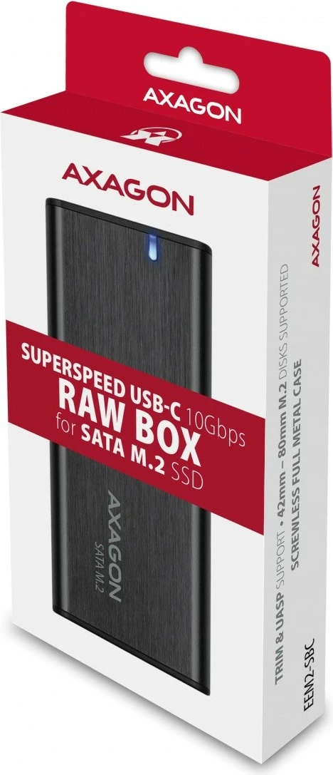 Kasë e jashtme AXAGON EEM2-SBC për SSD M.2 SATA, USB-C 3.2 Gen 2, Alumini, E zezë