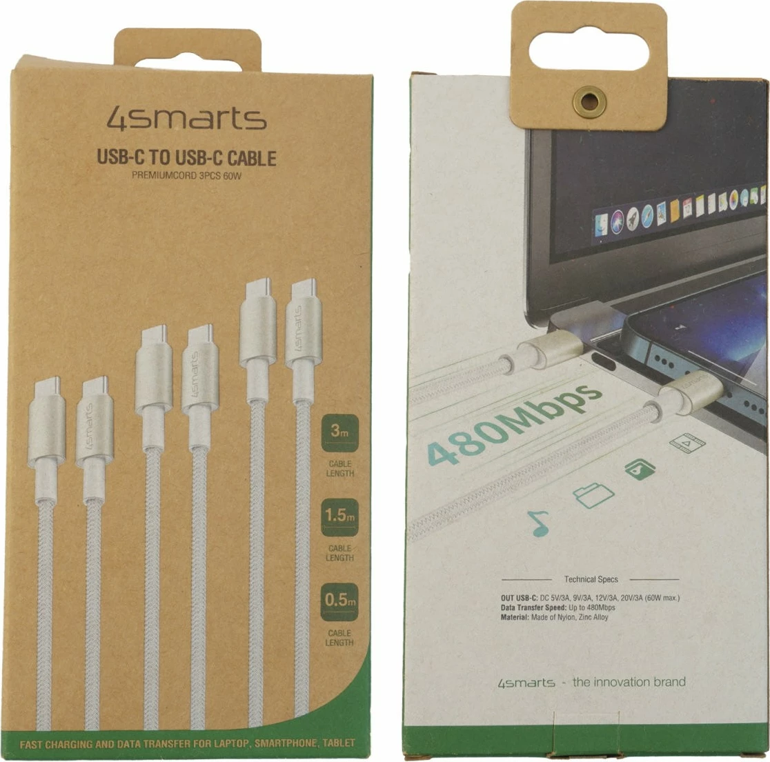 Kabllo USB-C 4smarts 540621, set 3 copë, 0.5m/1.5m/3m, 60W, argjendtë/bardhë
