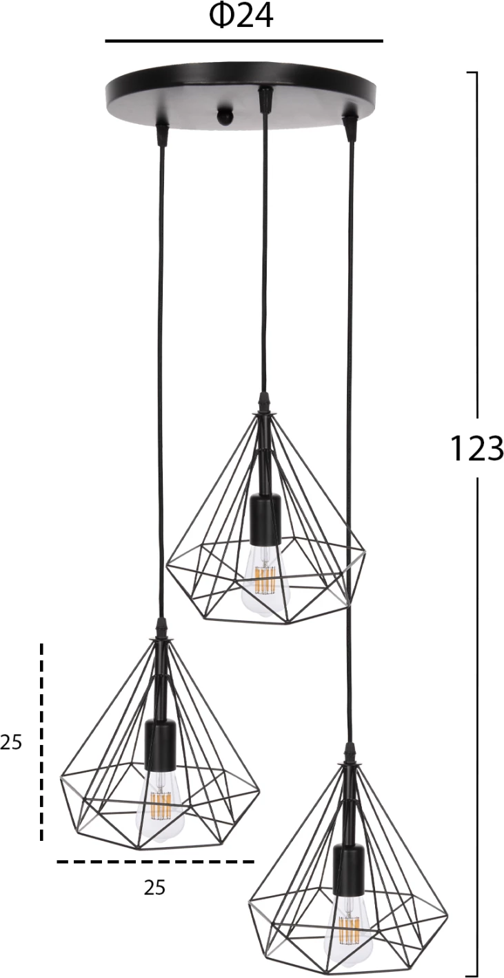 Llampë varëse tavani, FH4041, 3-drita, metal i zi, 25x22x123Hcm