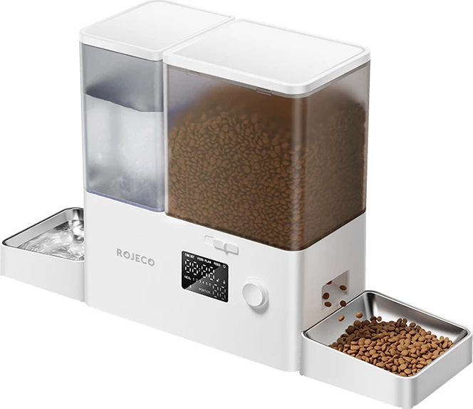 Dispenser ushqimi me burim uji 2-në-1, Rojeco, RYTJAJO-DP Button Version, 5L ushqim + 3.5L ujë, i programueshëm, e bardhë