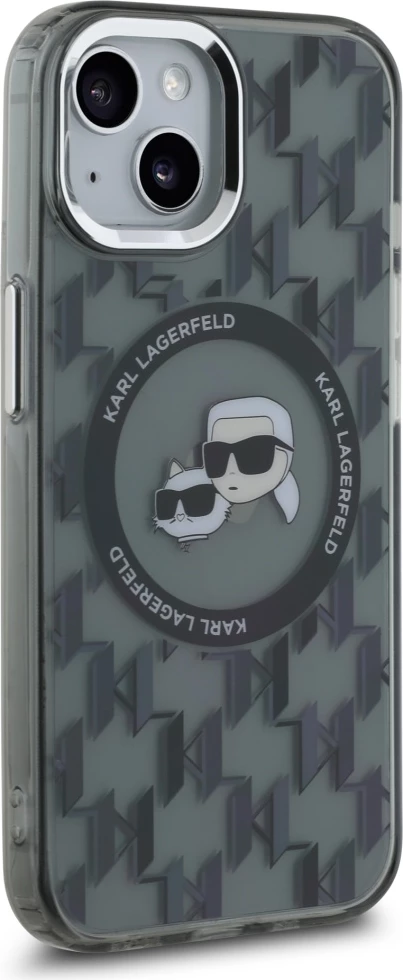 Mbështjellës Karl Lagerfeld IML Monogram Karl & Choupette Head MagSafe për iPhone 15 Plus, Zi
