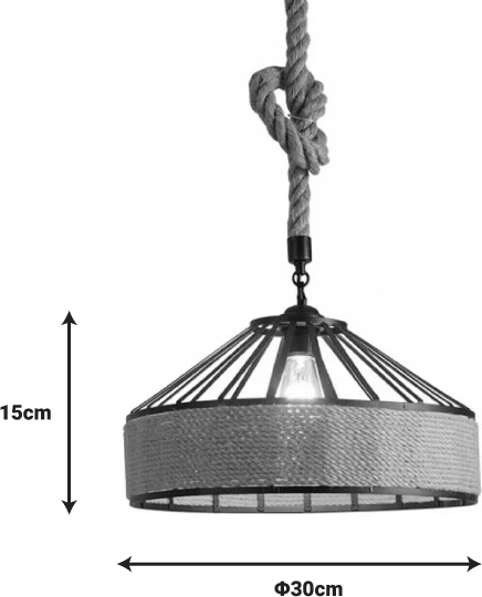 Llambë tavani Pormode, metal i zi, litar natyral, D30x15cm