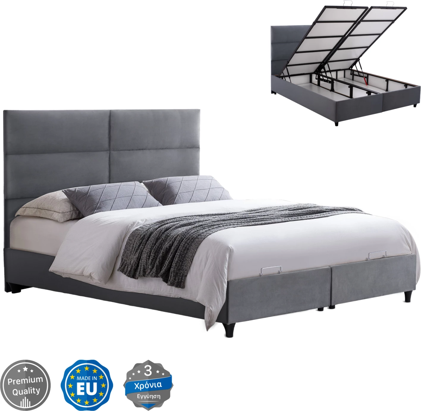 Krevat kadife gri me hapësirë ruajtjeje MILO FH622.10 për dyshek 160x200 cm