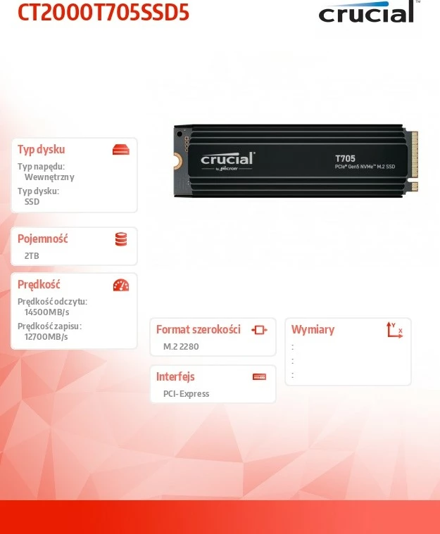 SSD Crucial T705, 2TB, M.2 NVMe, PCIe 5.0, me radiator