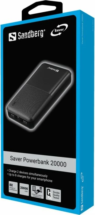 Powerbank Sandberg Saver 320-42 20000 mAh, PD 20W, USB-C + 2x USB-A, e zezë, set me kabllo USB-C
