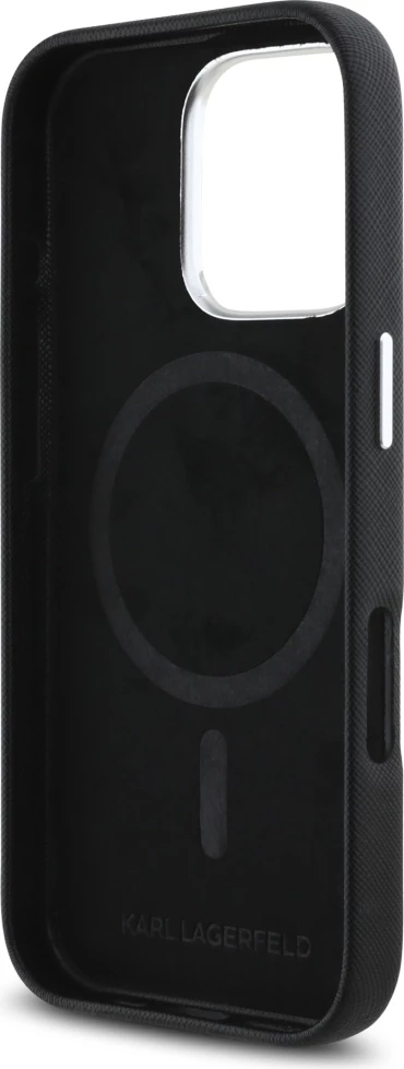 Mbështjellës Karl Lagerfeld Saffiano Full Wrapped Elongated Metal Logo MagSafe për iPhone 16 Pro Max, Zi