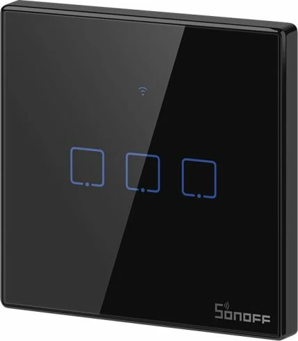 Ndërprerës muri smart Wi‑Fi SONOFF T3EU3C-TX, 3 kanale, touch, EU, xham i temperuar, i zi