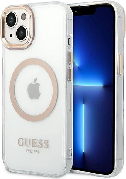 Mbështjellës Guess GUHMP14SHTRMD për iPhone 14 6.1", Metal Outline Magsafe, Transparent/Gold