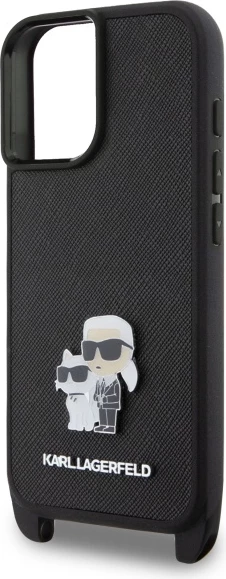 Mbështjellës Karl Lagerfeld Saffiano Karl&Choupette Metal Pin me rrip, për iPhone 16, Zi