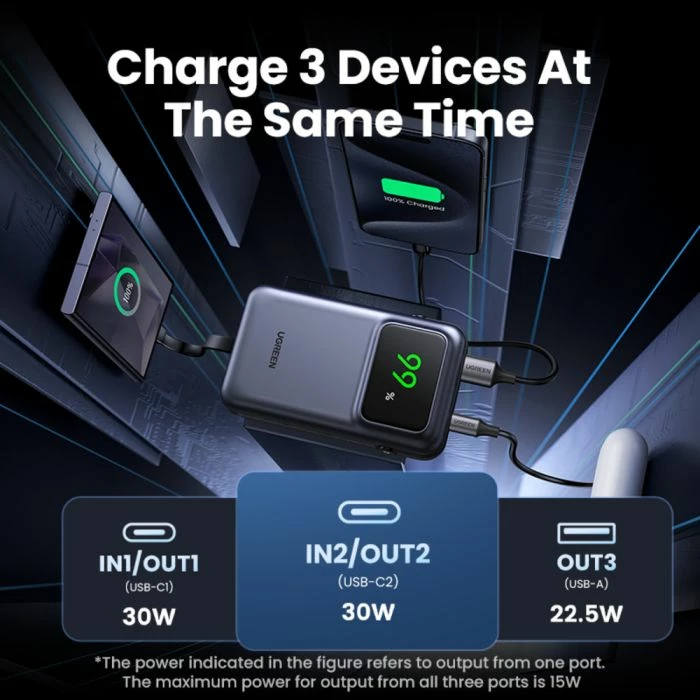 Powerbank UGREEN Uno 35603B 10000mAh 30W QC/PD me kabllo USB-C të integrume, gri