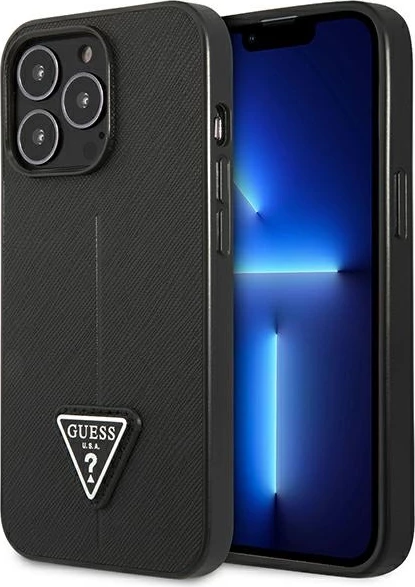 Mbështjellës Guess SaffianoTriangle Logo për iPhone 14 Pro 6.1", i zi, hardcase
