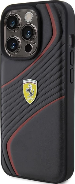Mbështjellës Ferrari Twist Metal Logo për iPhone 15 Pro, i zi