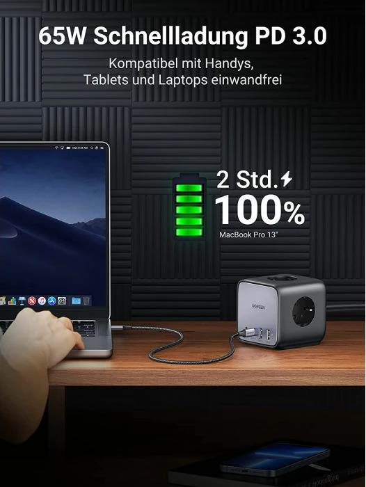 Shirit rryme/karikues UGREEN DigiNest Cube 60113 65W 7-në-1 GaN III 2xUSB-C 2xUSB-A 3xpriza AC kabllo 1.8m, zi/gri