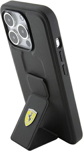 Mbështjellës Ferrari Grip Stand Metal Logo për iPhone 15 Pro Max, i zi