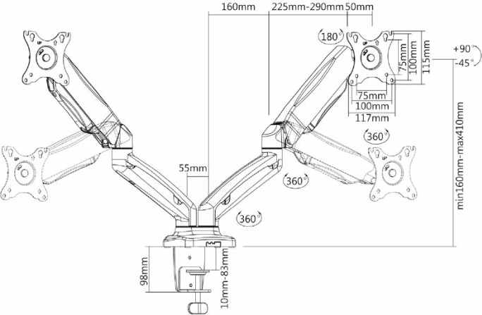 Mbajtëse tavoline për 2 monitorë ICYBOX IB-MS304-T deri 32\", VESA 75x75/100x100, me gas spring, e zezë