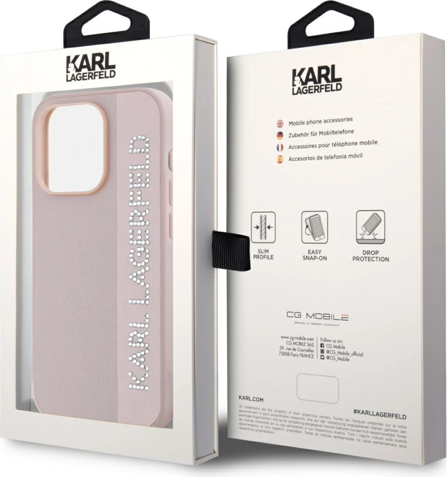 Mbështjellës Karl Lagerfeld Saffiano Rhinestones & Charm për iPhone 15 Pro Max, Rozë