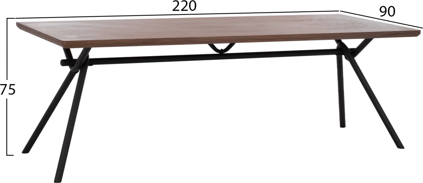 Tavolinë ngrënieje MANDY, MDF, ngjyrë arre, këmbë metali, 220x90x75 cm