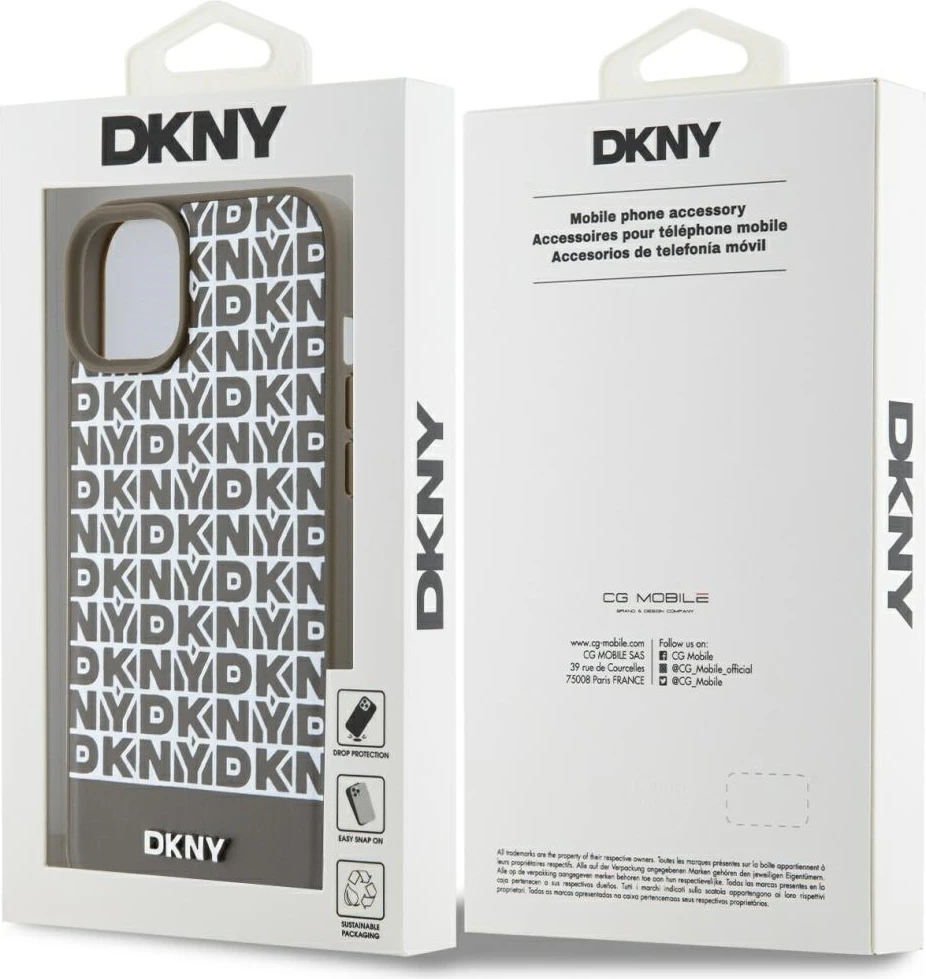 Mbështjellës DKNY Leather Printed Pattern Metal Logo MagSafe për iPhone 15/14/13, Kafe