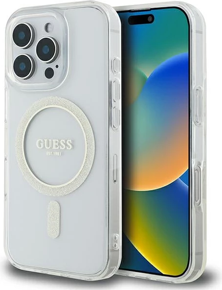 Mbështjellës Guess IML Glitter Circle MagSafe për iPhone 16 Pro Max, hardcase TPU/PC, kompatibil me MagSafe, transparent