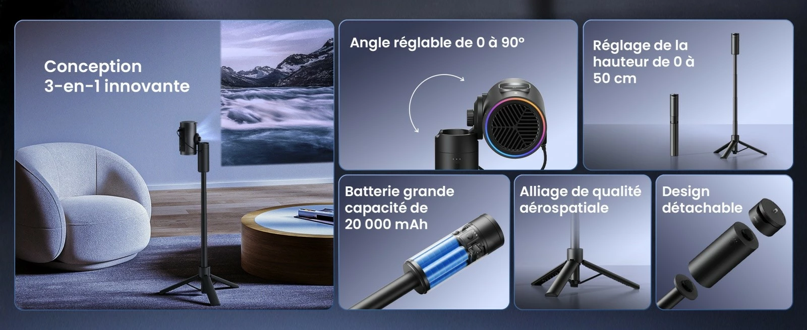 Projektor portabël, JMGO PicoPlay+ Pack J61-7K4 URJMG, 1080p FHD 450 ISO lm, Google TV, Wi‑Fi/Bluetooth, HDMI/USB‑C, altoparlant 8W, antracit, set me tripod dhe power bank 20,000mAh