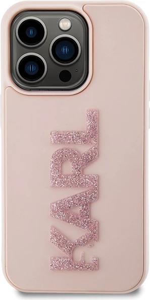 Mbështjellës Karl Lagerfeld 3D Rubber Glitter Logo për iPhone 15 Pro Max, rozë