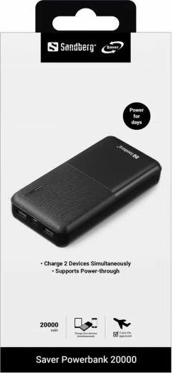 Powerbank Sandberg Saver 320-42 20000 mAh, PD 20W, USB-C + 2x USB-A, e zezë, set me kabllo USB-C