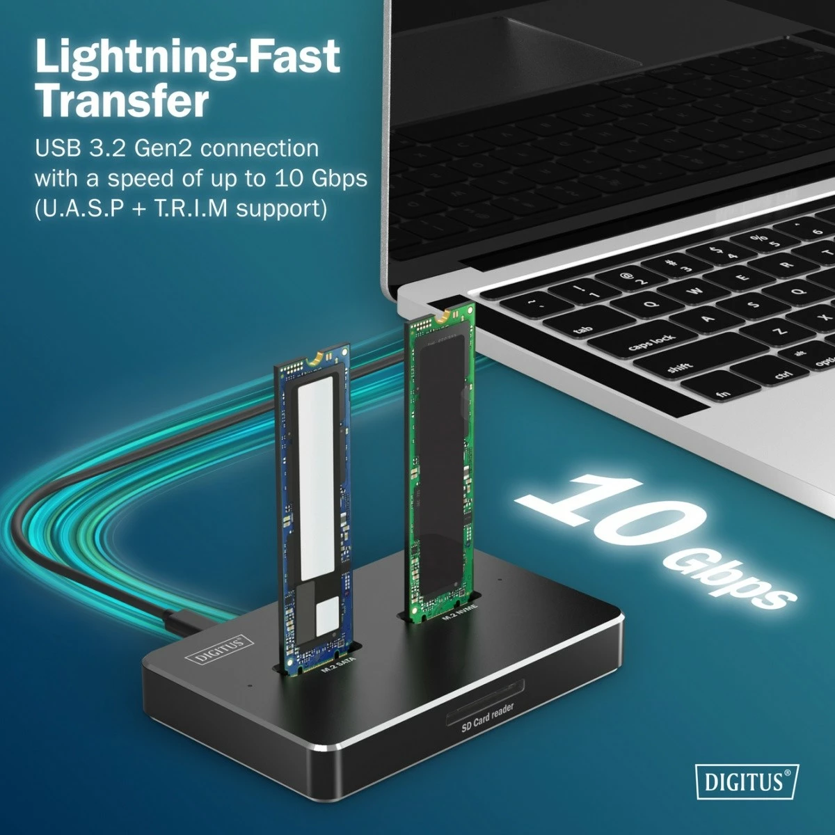 Dok USB-C 3.2 Gen2, Digitus DA-71546-1, për M.2 NVMe & SATA (2 slote, deri 2x 4 TB) me lexues SD-Express 7.1 (deri 2 TB), e zezë
