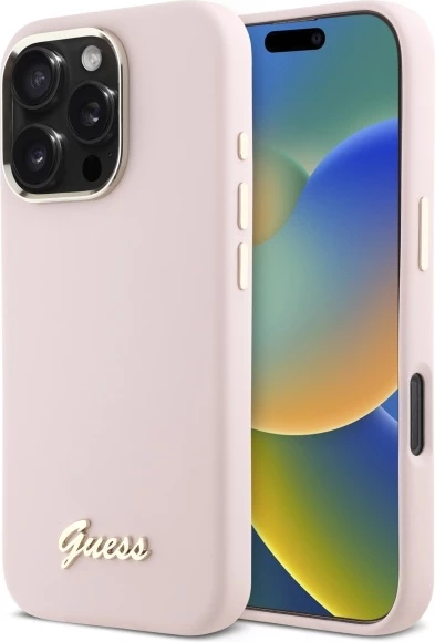 Mbështjellës Guess Silicone Script Metal Logo & Frame për iPhone 16 Pro, Rozë