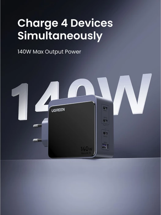 Karikues GaN UGREEN Nexode S 45575 140W, 3x USB-C + 1x USB-A, i zi/gri