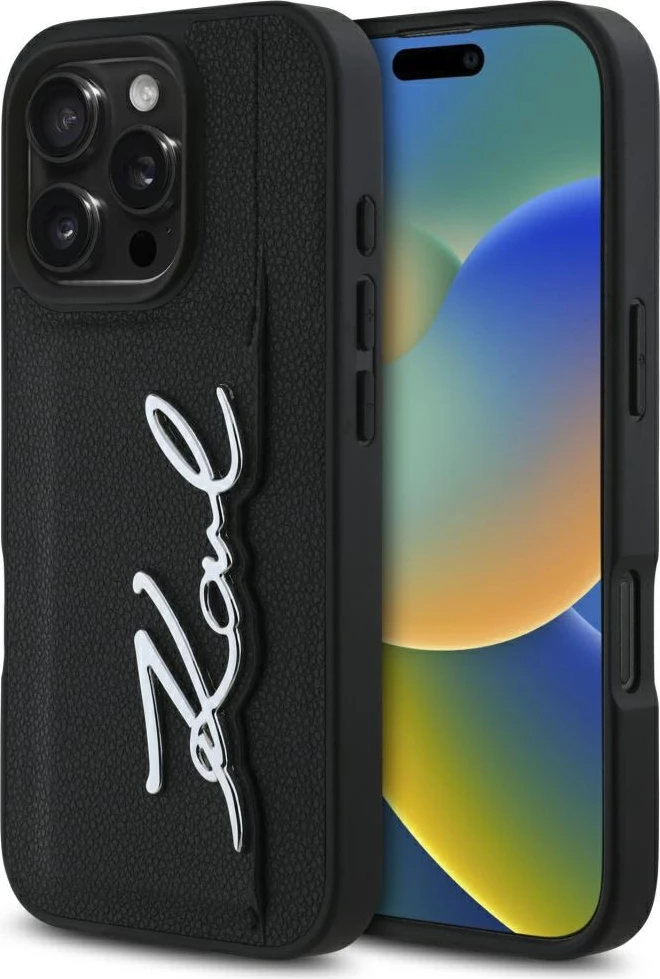Mbështjellës, Karl Lagerfeld, HC Grained PU Cardslot Metal Signature, për iPhone 16 Pro Max 6.9-inch, xhep kartash, TPU/PC/eko-lëkurë, i zi
