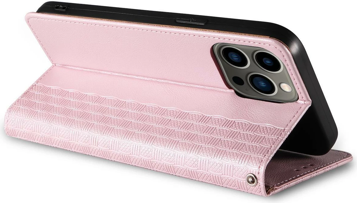 Mbështjellës Hurtel Magnet Strap Case për iPhone 14, flip wallet me rrip dore, rozë