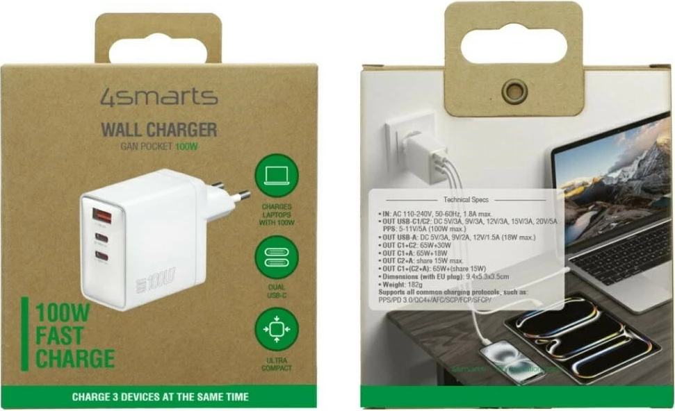 Karikues muri GaN 4smarts Pocket 4SM000005 100W 2x USB-C + USB-A i bardhë