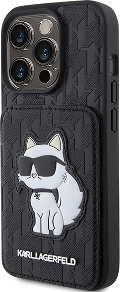 Mbështjellës Karl Lagerfeld Saffiano Cardslots & Stand Monogram Choupette për iPhone 15 Pro, e zezë
