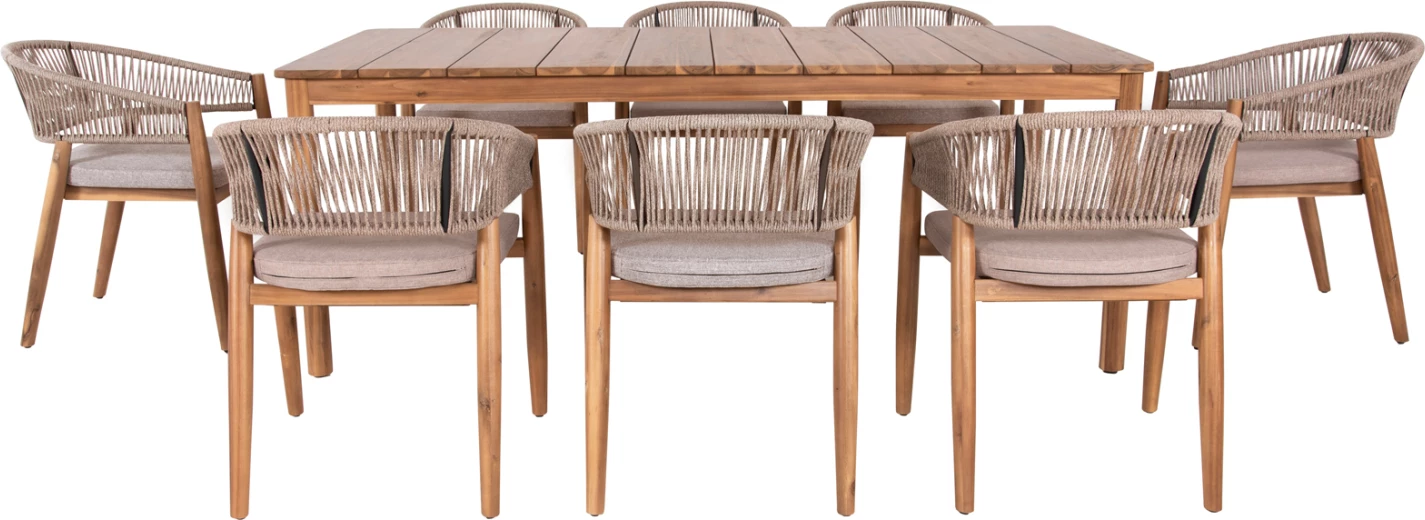 Tavolinë me karrige për terasë 9 pjesë NAVANT FH21066.02, tavolinë me 8 karrige, dru akacie, litar najloni, ngjyrë bezhë