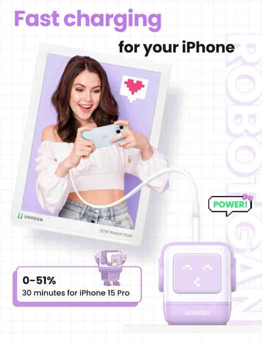 Karikues UGREEN Nexode RobotGaN 65W 35291, 2x USB-C + 1x USB-A, ekran LED, vjollcë