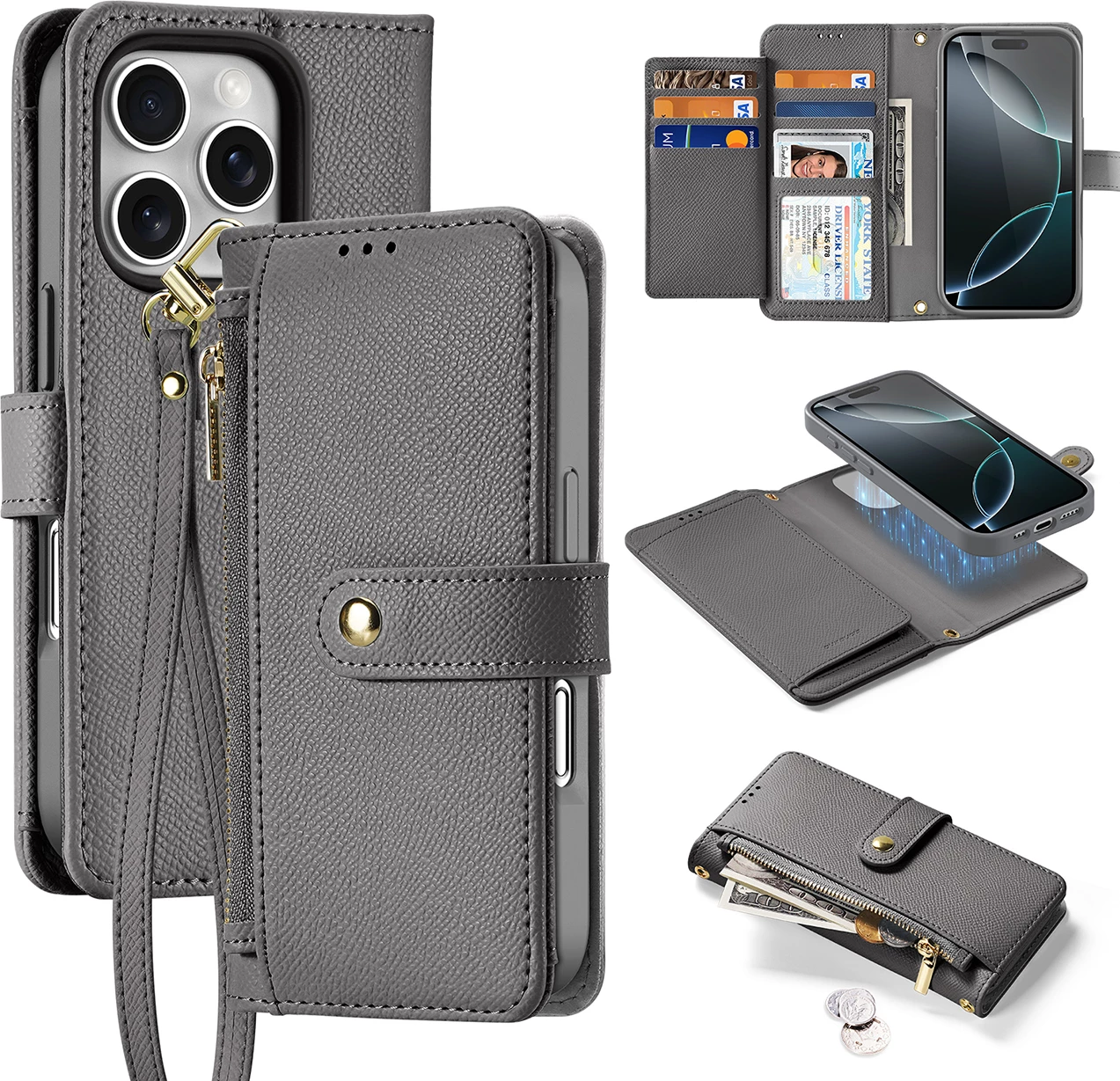 Mbështjellës Dux Ducis Lawa për iPhone 16 Pro Max, me portofol magnetik të ndashëm, Gri