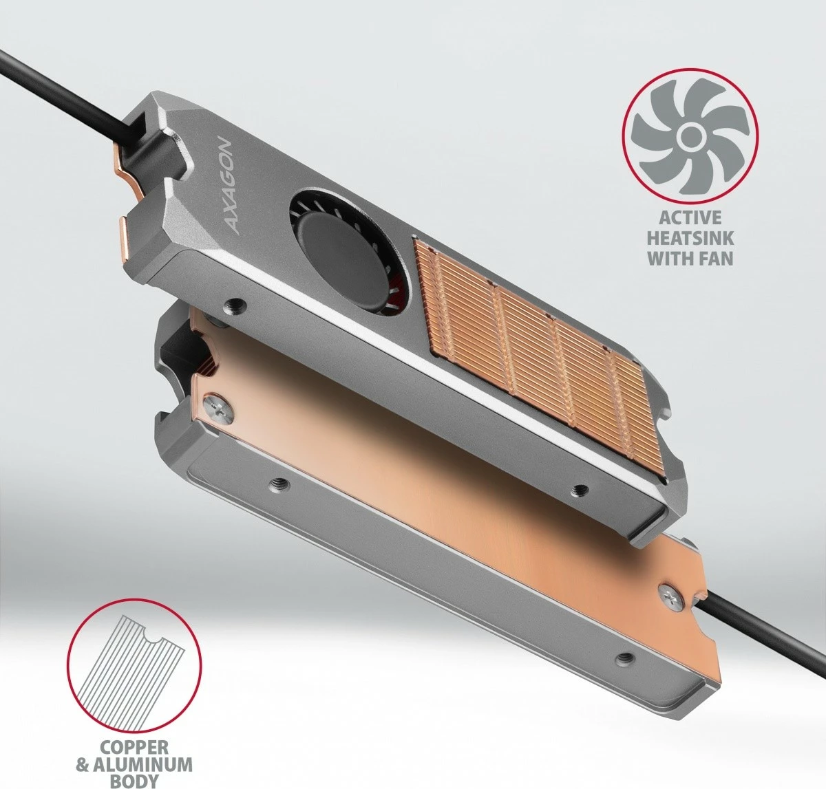 Ftohës aktiv për SSD M.2 AXAGON CLR-M2FAN me ventilator, bakër, 76x24x12mm