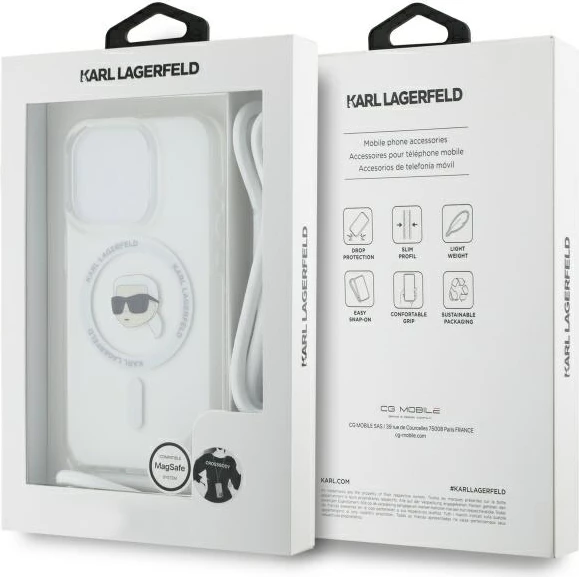 Mbështjellës Karl Lagerfeld Crossbody IML Karl Head MagSafe për iPhone 16 Pro, Transparent