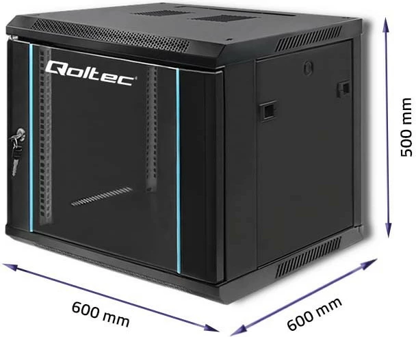 Kasë Qoltec 19-inç, 9U, për montim në mur, 600x500x600 mm, e zezë