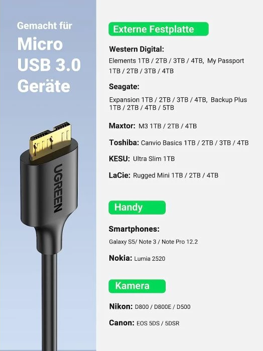 Kabllo USB 3.0 UGREEN 10841 USB-A në Micro-B 1m, 5Gbps, e zezë